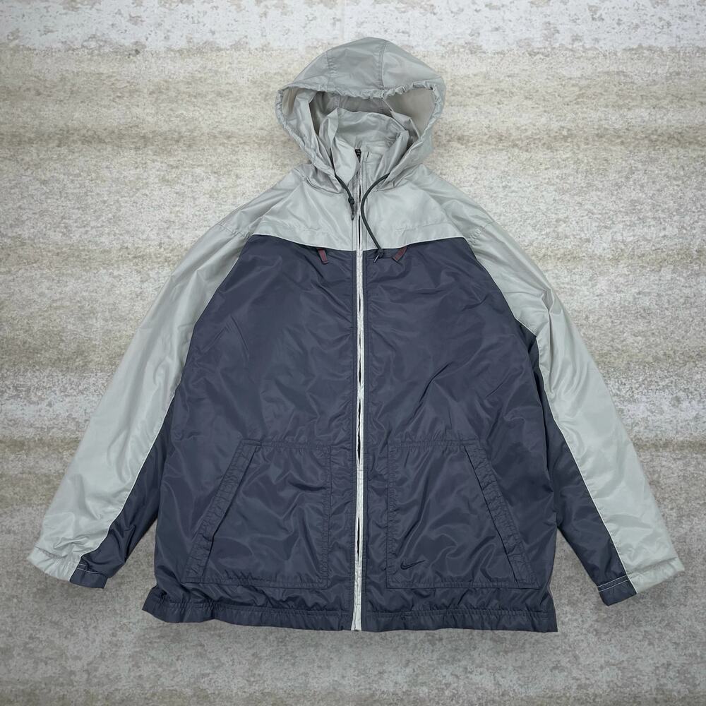 Vintage Y2K Nike Windbreaker Jacket Mens L Grey Nylon Black Logo Full Zip